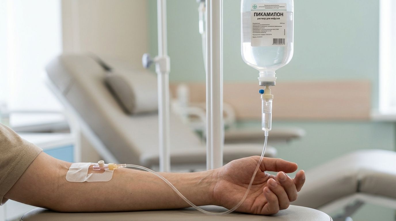Капельница Пикамилона Рука пациента с установленным катетером рядом с капельницей